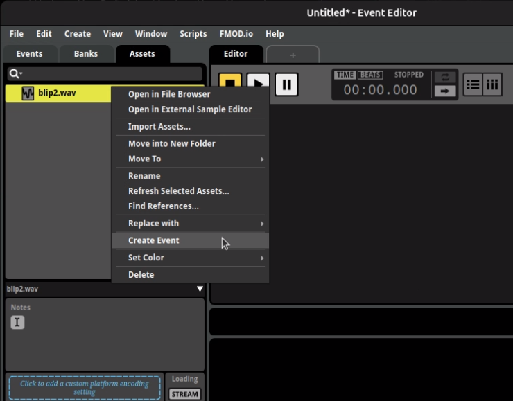 Creating an event from an asset in FMOD Studio