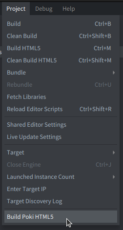 Build Poki HTML5 command in the Defold Project menu