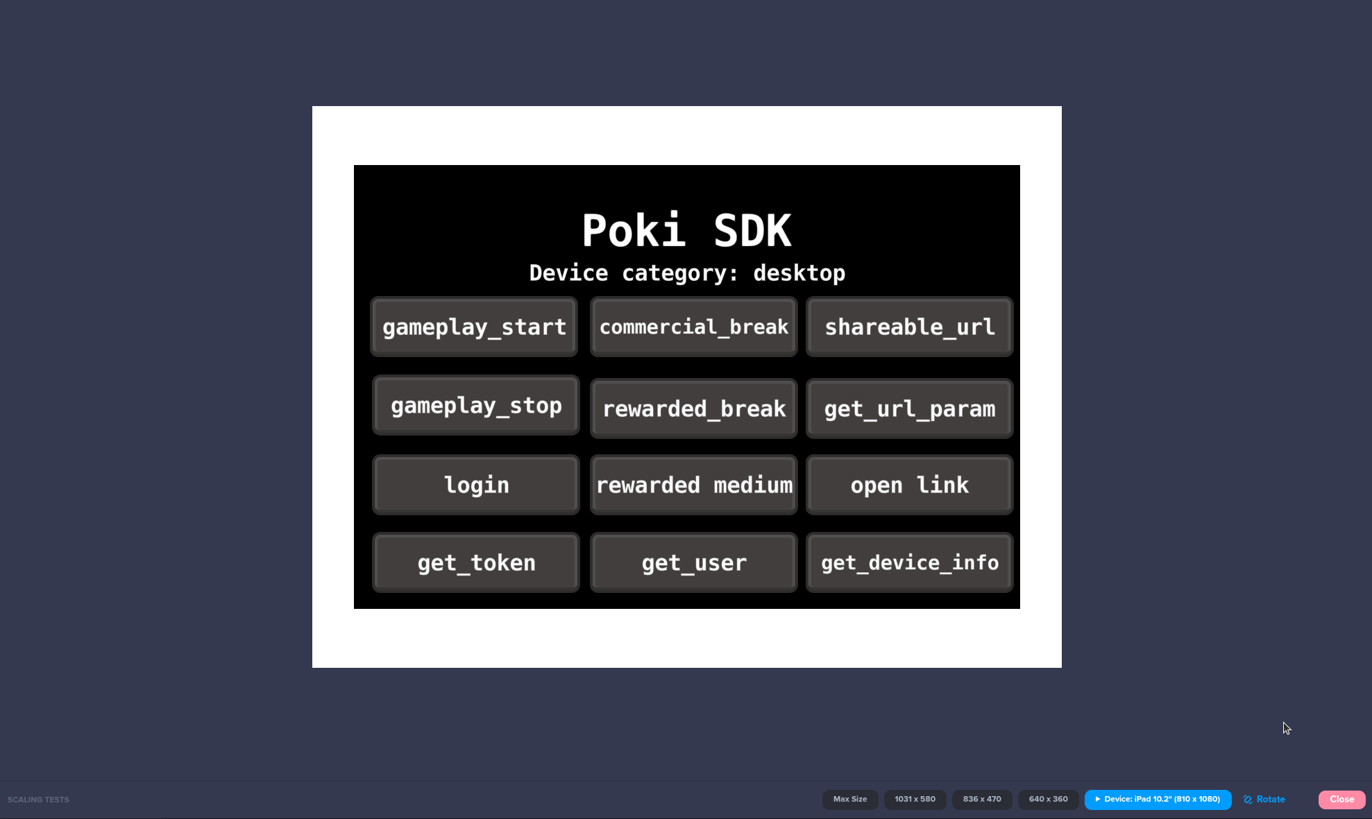 Poki Inspector scaling test using a rotatable mobile-device preset