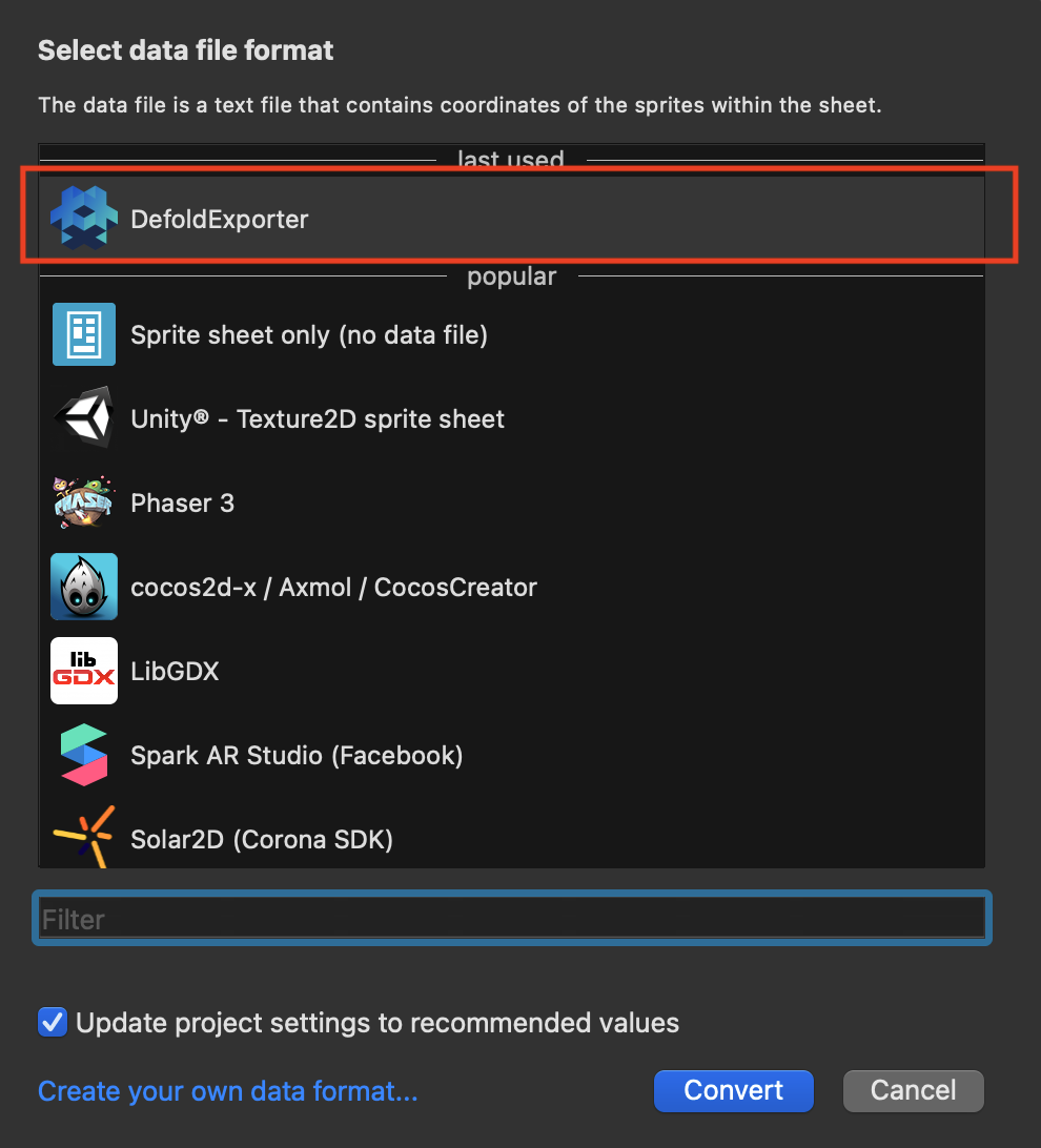 Choose the Defold Exporter
