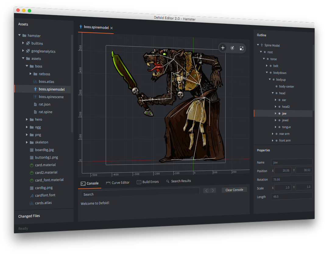 Defold editor with visual, animation, and game development tools