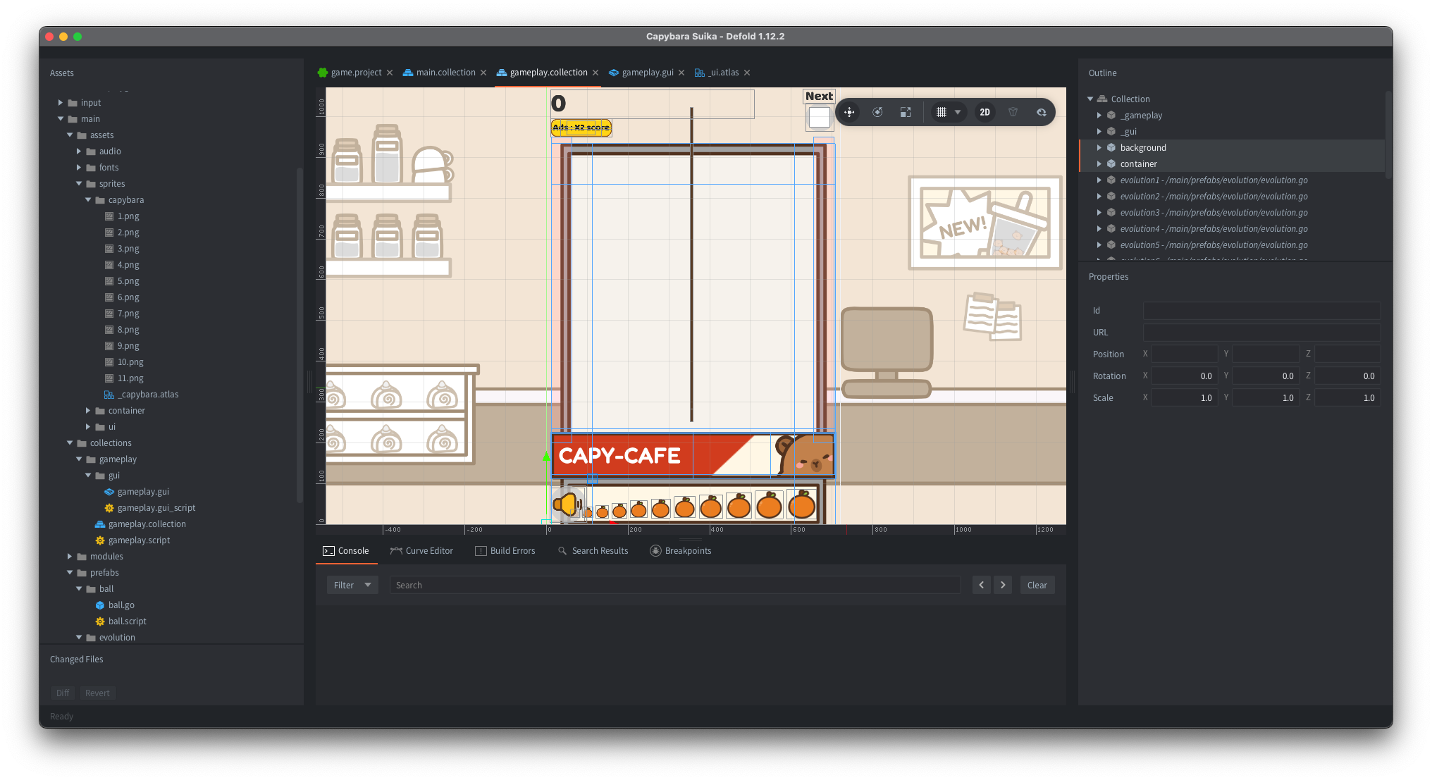 Capybara Suika in the Defold Editor