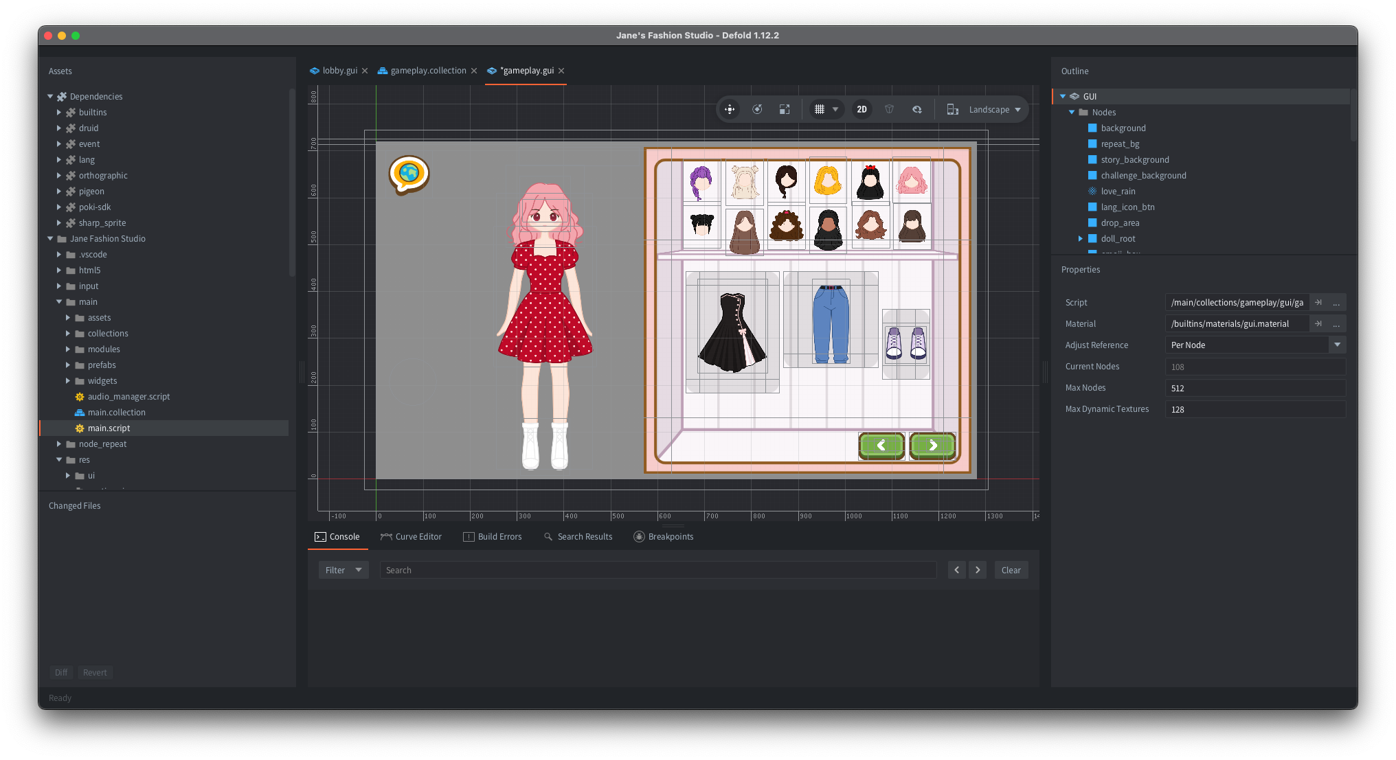 Jane's Fashion Studio in the Defold Editor