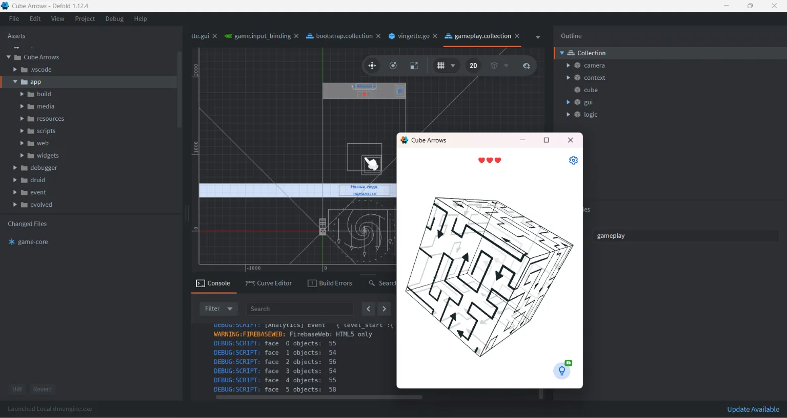 Arrow Cube 3D running alongside its project in the Defold editor