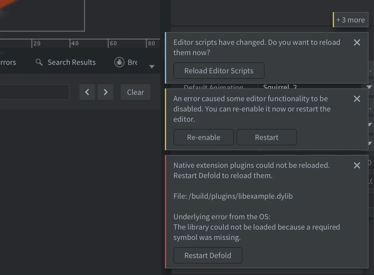 Multiple notifications displayed in the Defold editor