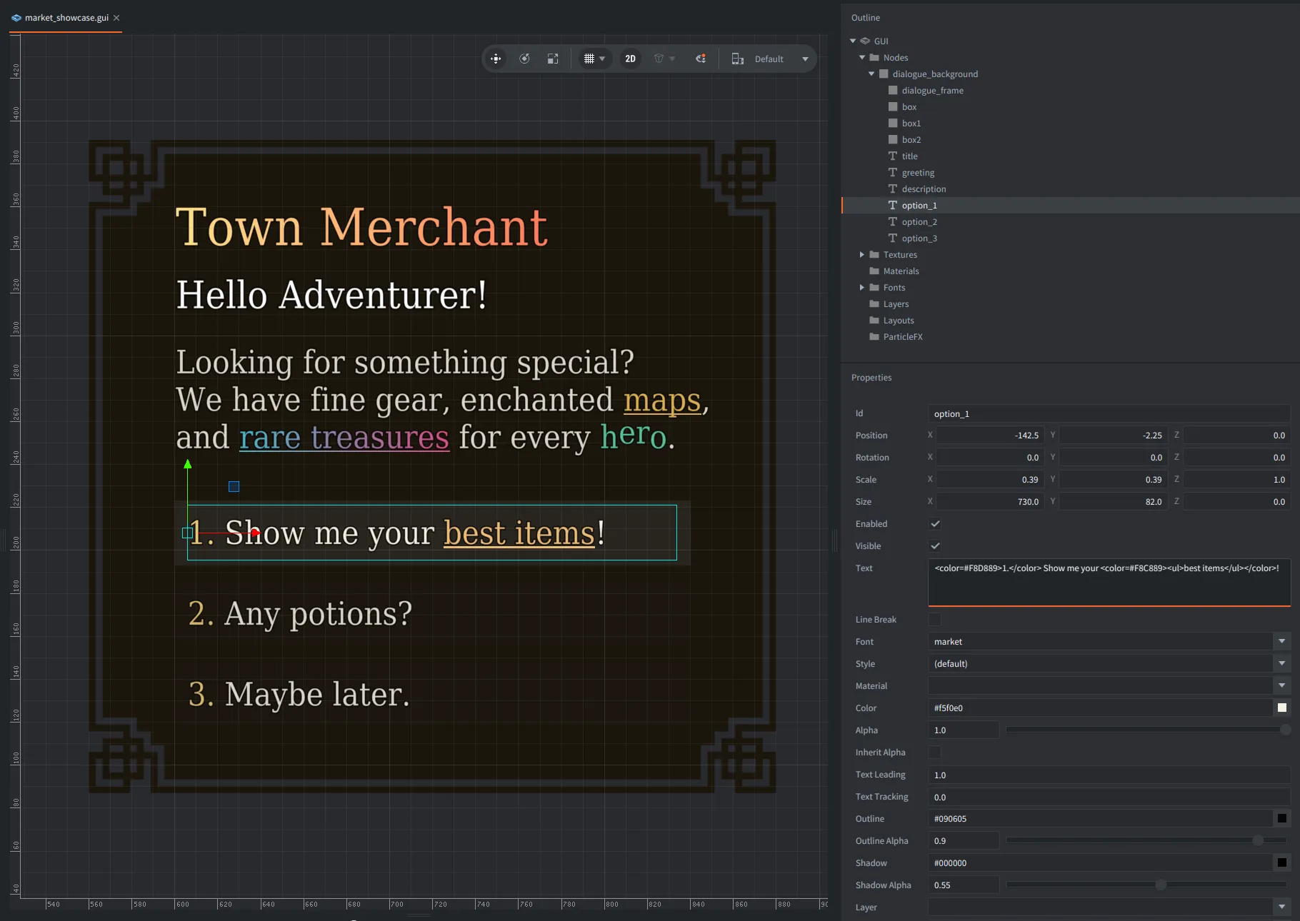 Rich text markup in a Defold Editor
