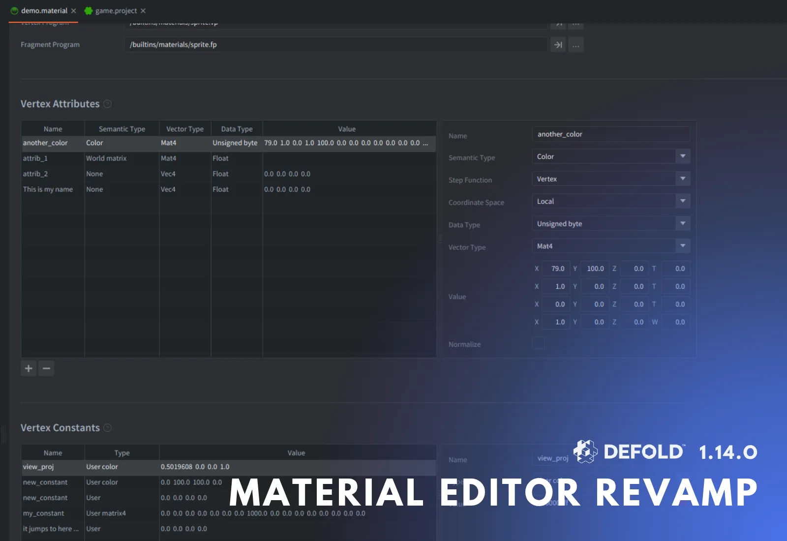 The redesigned Material Editor with a selected entry and its editing form