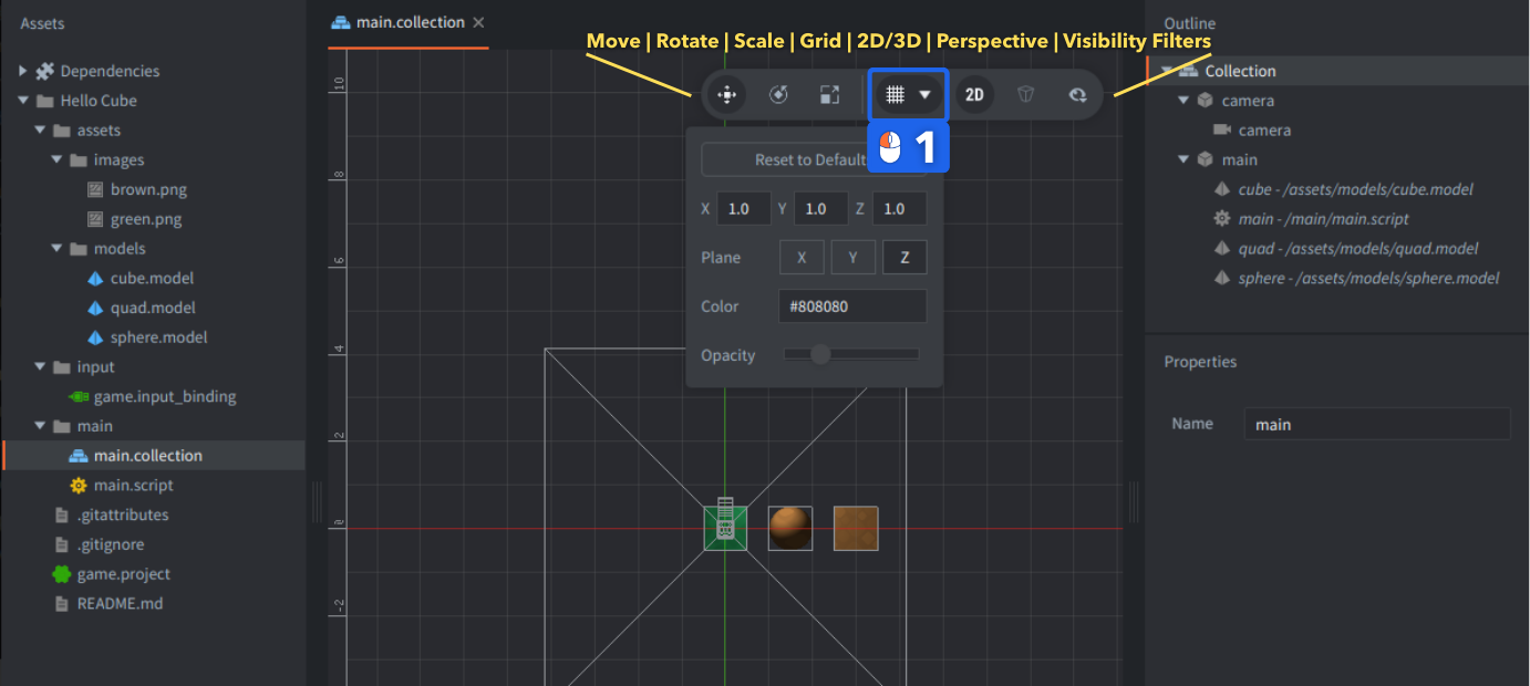 Панель инструментов Defold