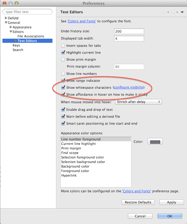 Configure show whitespace